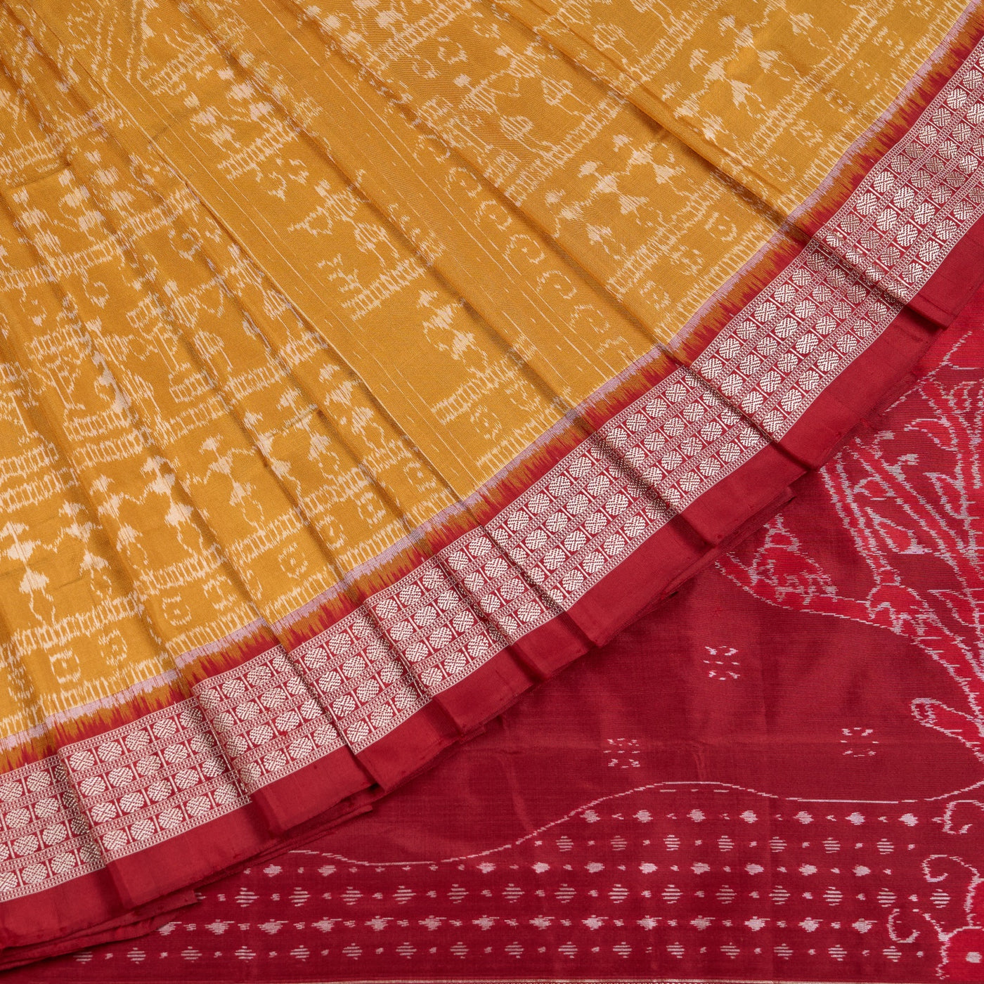 Yellow and Maroon Sambalpuri silk saree — view 1 of 6.