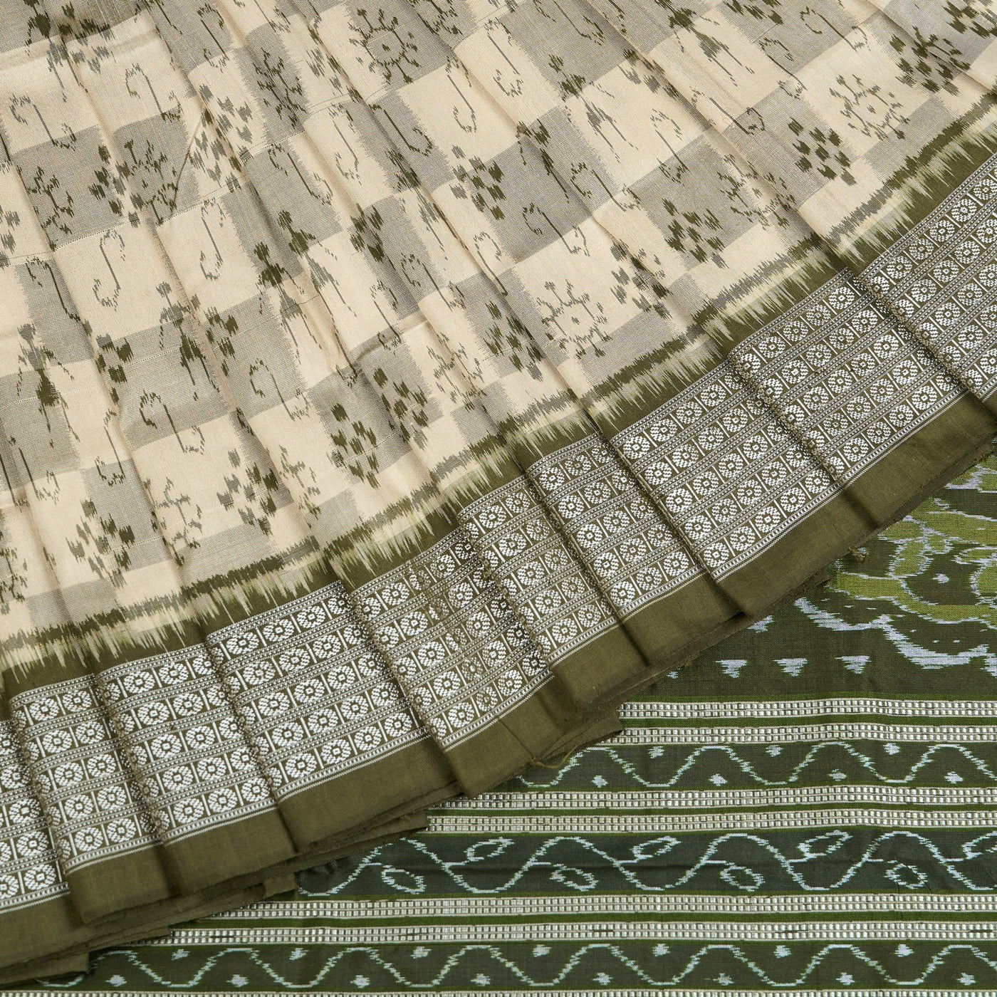 Cream and Green Sambalpuri silk saree — view 1 of 6.