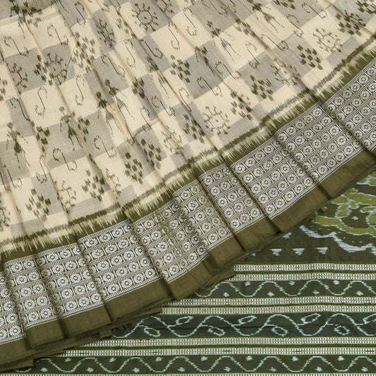 Cream and Green Sambalpuri silk saree — view 1 of 6.