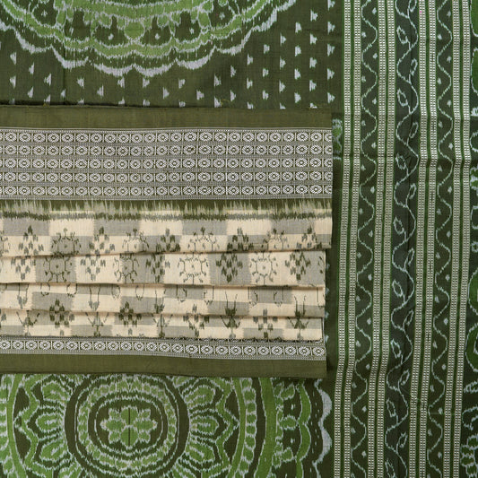 Cream and Green Sambalpuri silk saree — view 2 of 6.
