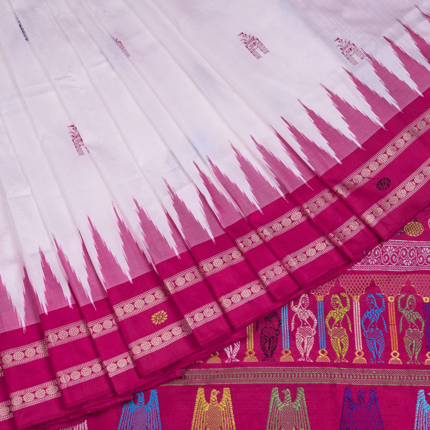 White and Pink Bomkai silk saree — view 1 of 6.