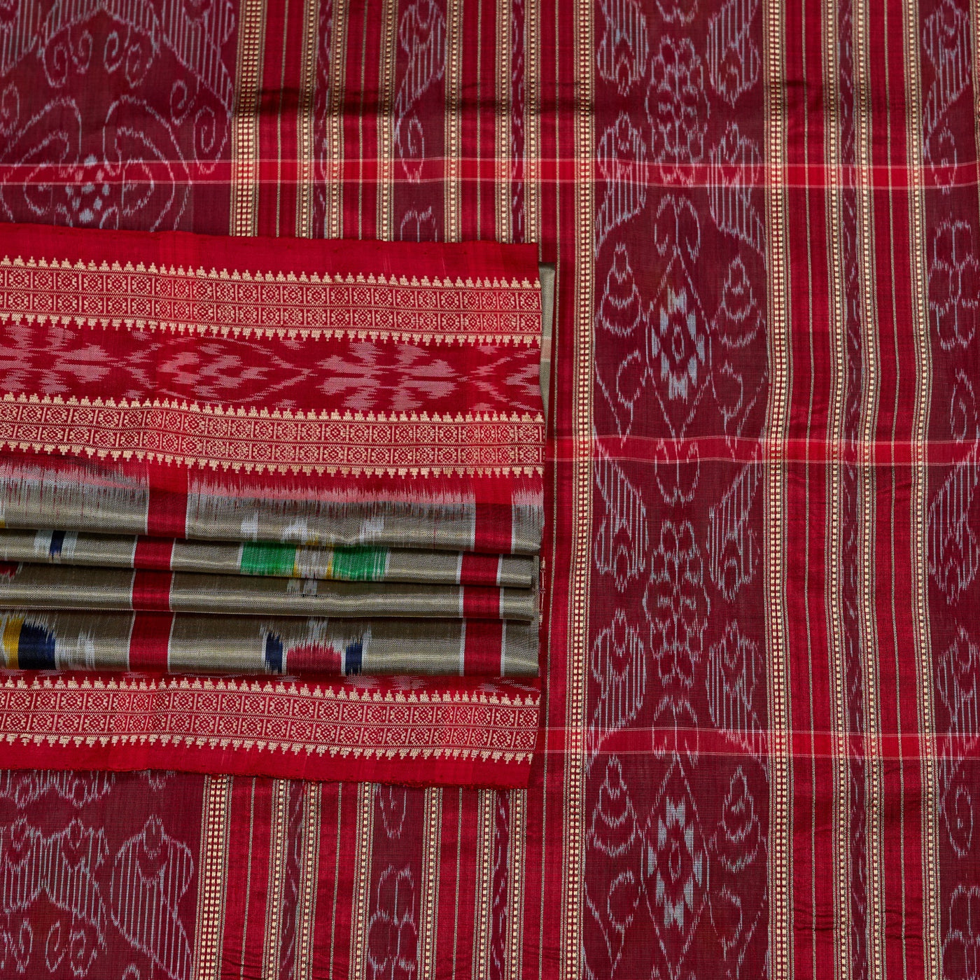 Grey and Red Khandua silk saree — view 1 of 5.