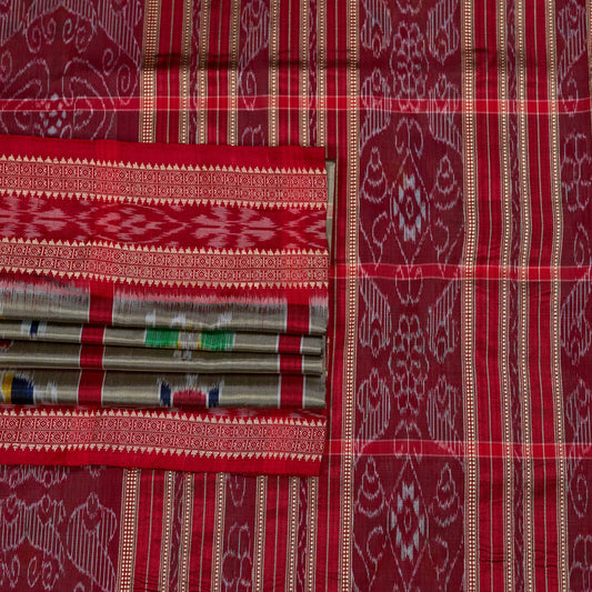 Grey and Red Khandua silk saree — view 1 of 5.