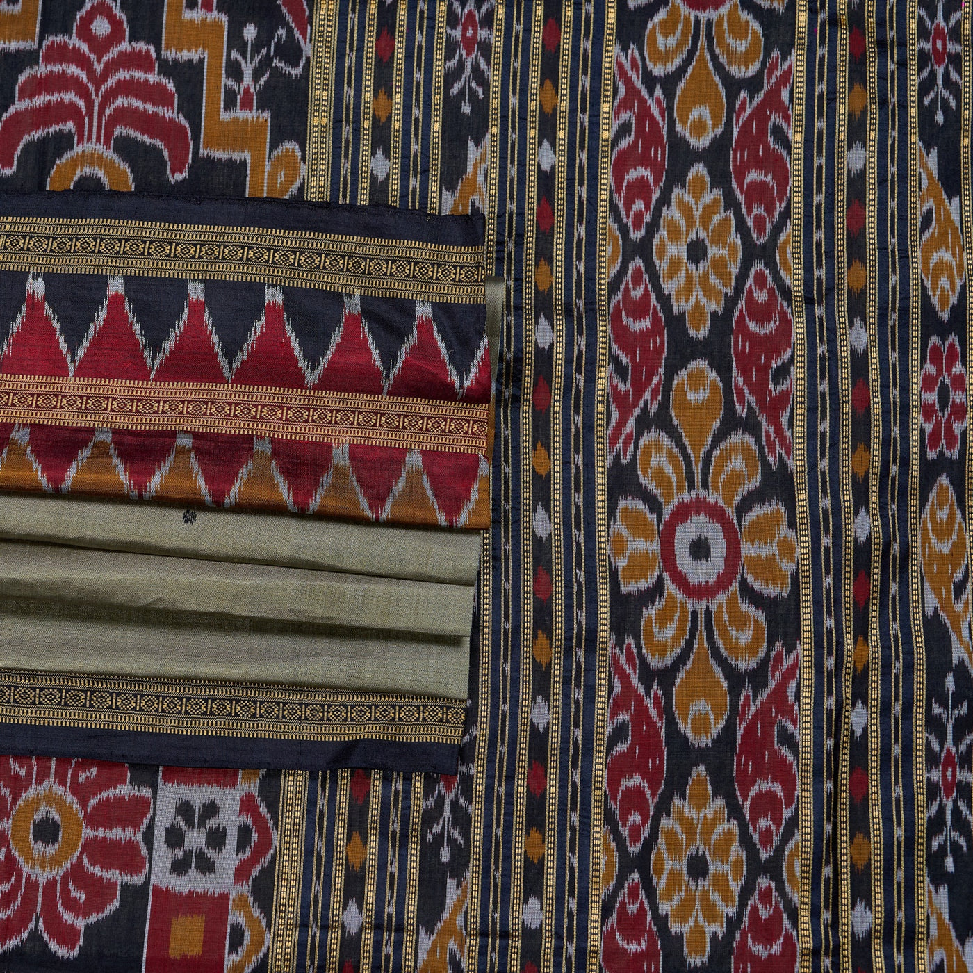 Grey and Black Khandua silk saree — view 1 of 5.