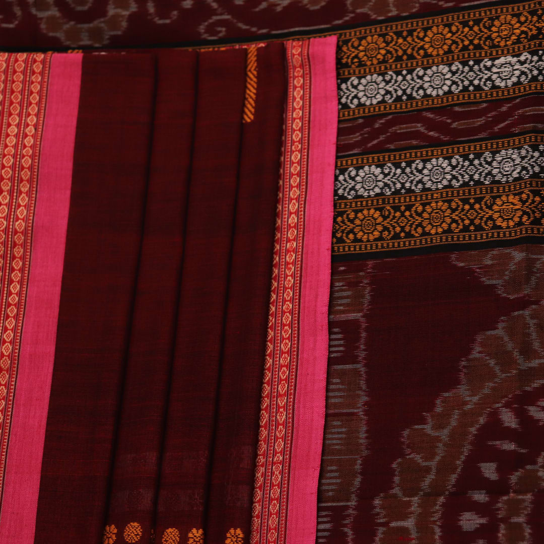 Full view of maroon cotton Bomkai saree with pink butta weave