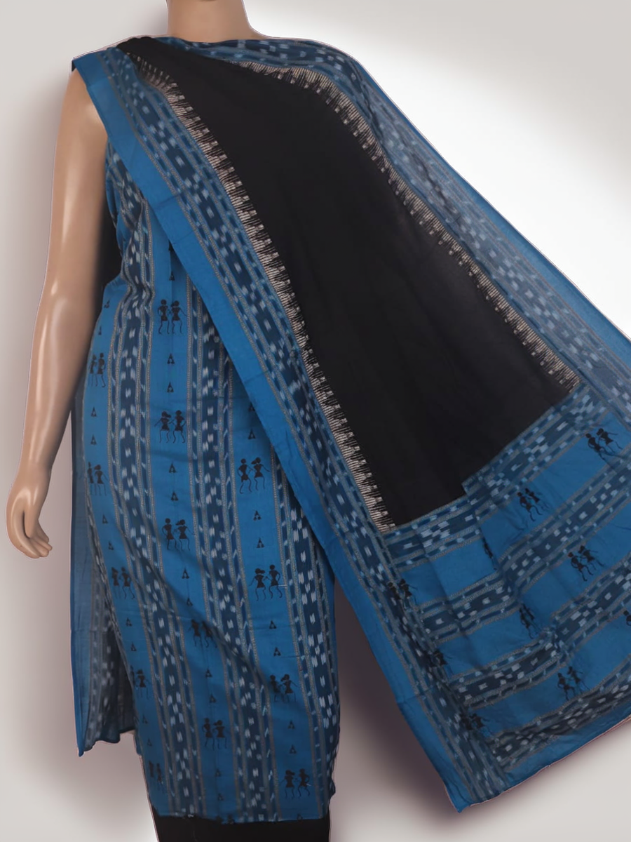 Blue and black Sambalpuri cotton dress material: Blouse piece detail with motifs.