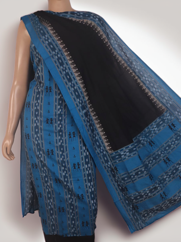 Blue and black Sambalpuri cotton dress material: Blouse piece detail with motifs.