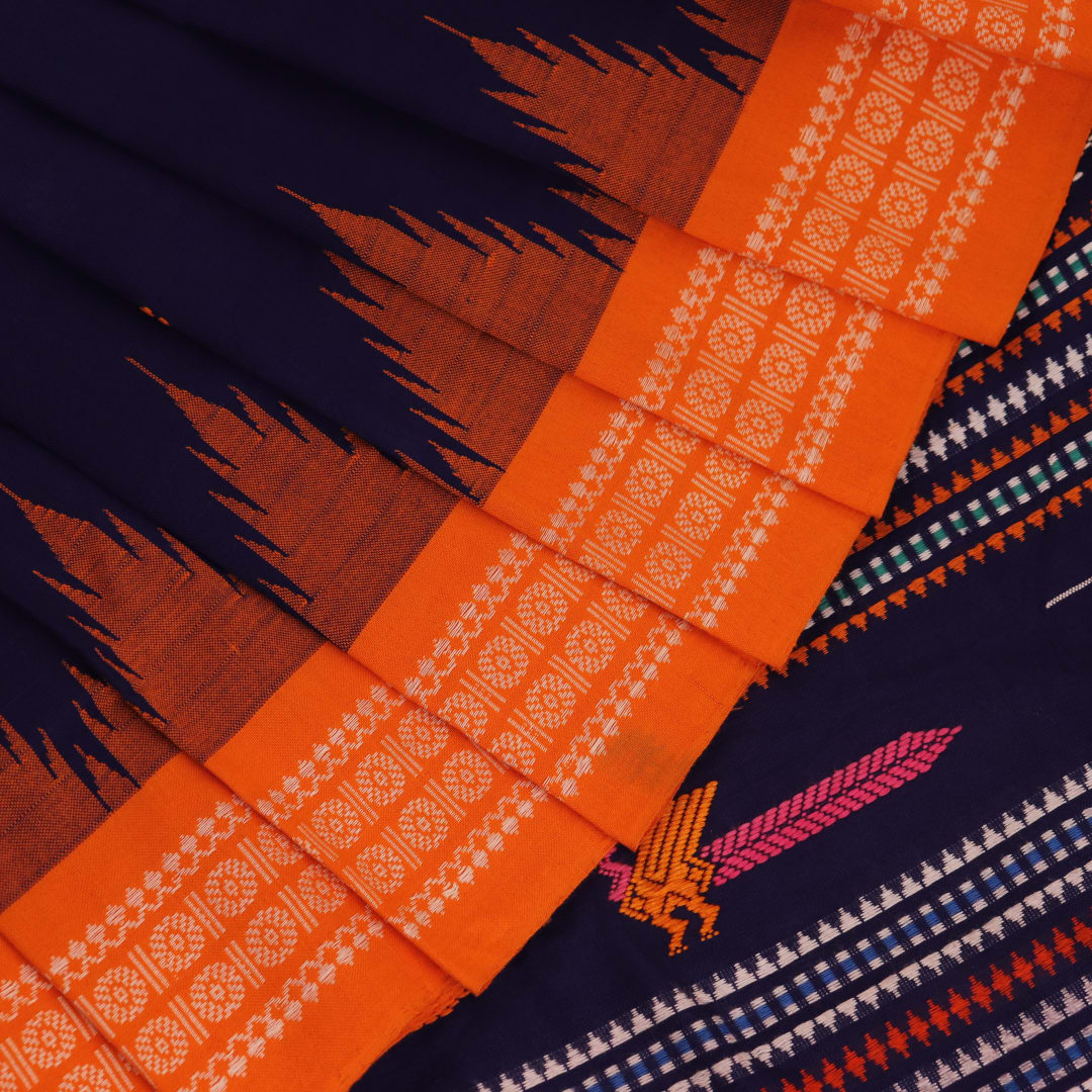 Full view of a blue and orange cotton Berhampuri saree with a butta pattern