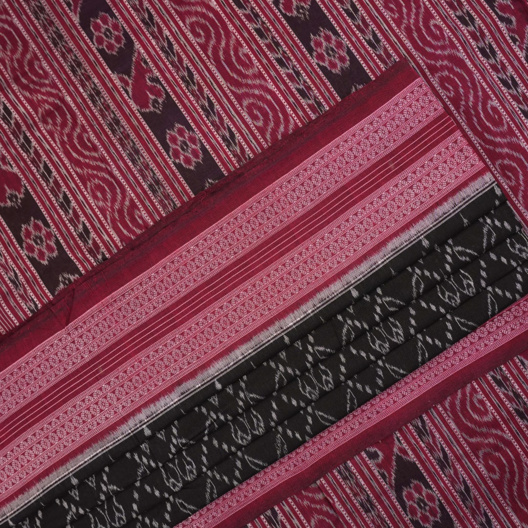 Full layout of black and maroon Sambalpuri cotton saree showing the body, pallu, and border design.