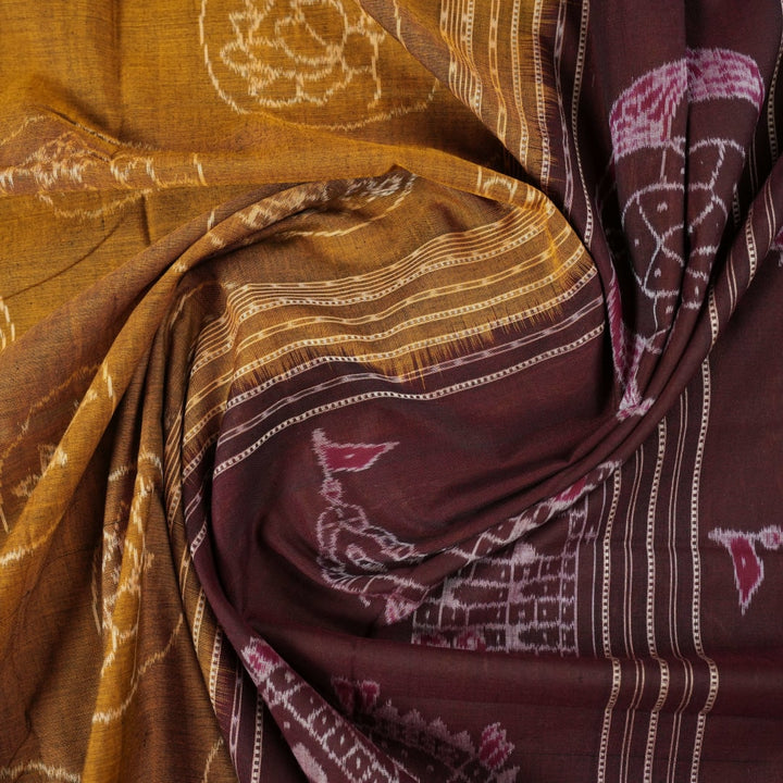 Full layout of the brown and maroon Sambalpuri cotton saree showing the complete body pattern and border.