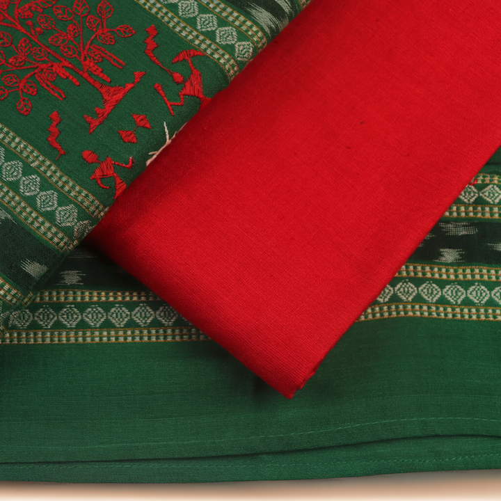 Detail of the green and red Sambalpuri cotton dress material blouse piece with motifs.