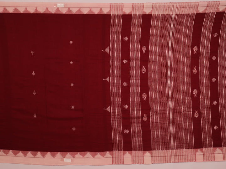 Full view of a maroon and off-white cotton Kotpad saree adorned with a traditional butta pattern.