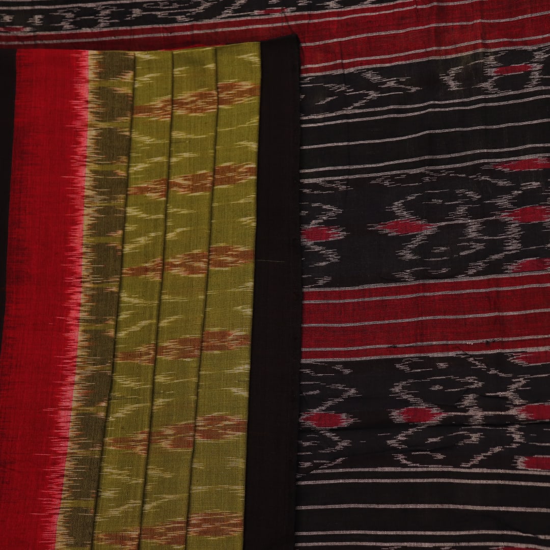 Styling view of a green Sambalpuri cotton saree with black motifs