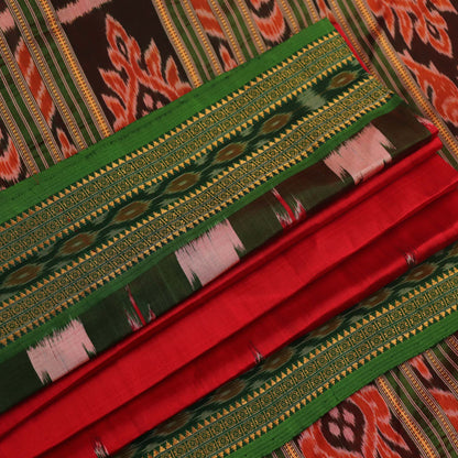 Red and green Khandua silk saree draped, showcasing the overall look and fall.