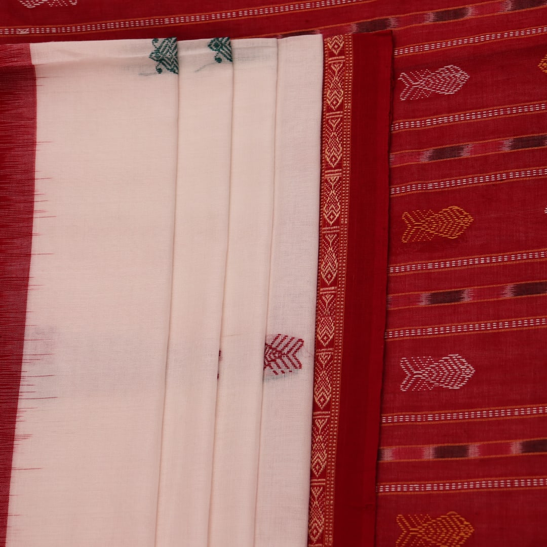 White cotton Bomkai saree with red butta pattern, full product view