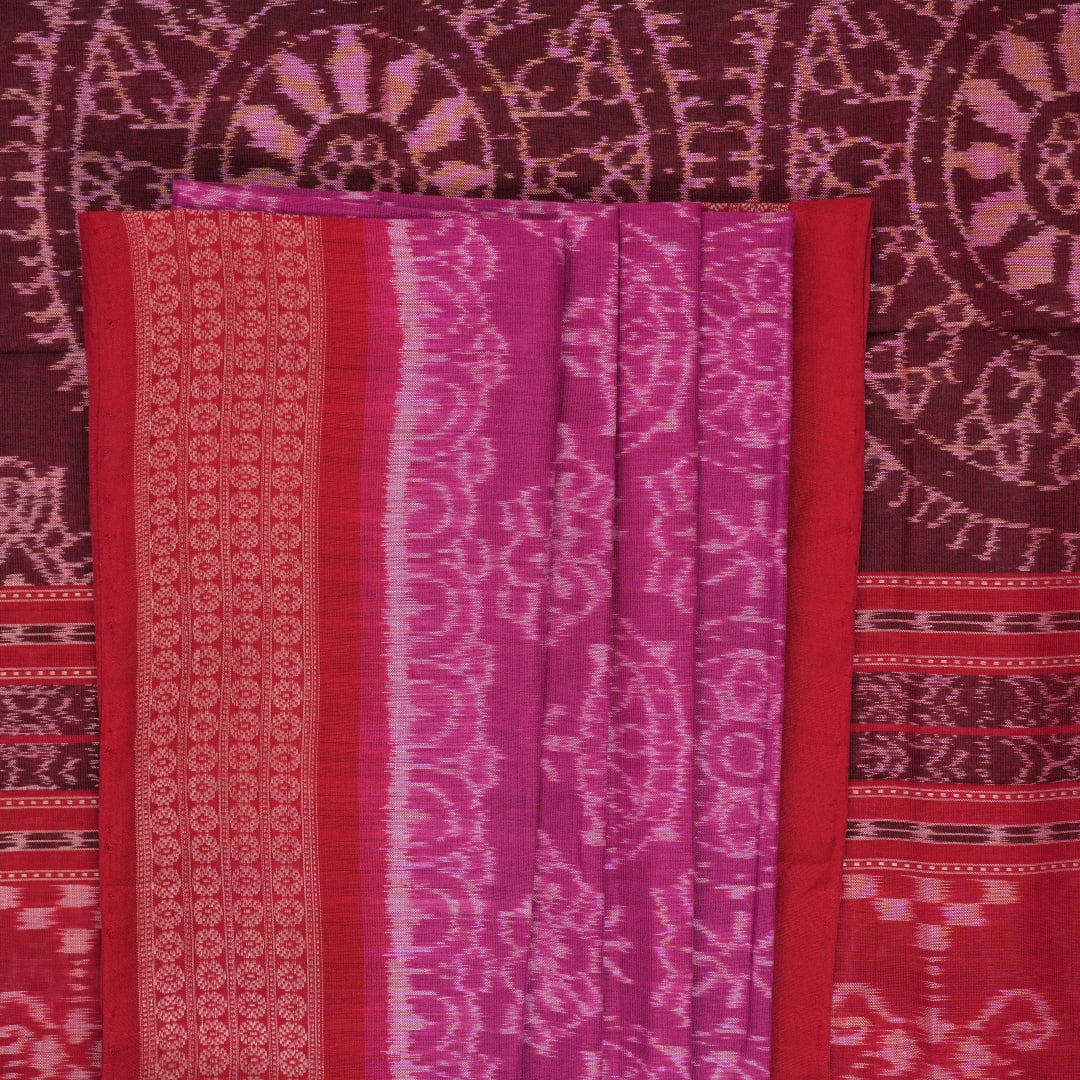 Full length view of the pink and red Sambalpuri cotton saree displaying the complete motif design.