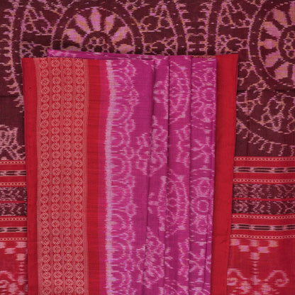 Full length view of the pink and red Sambalpuri cotton saree displaying the complete motif design.