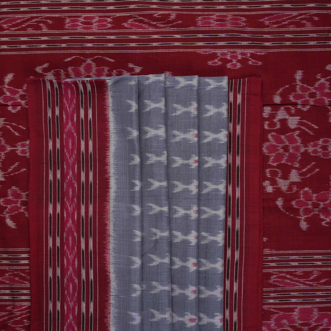 Elegant styling of a grey and maroon Sambalpuri cotton saree with hand-woven ikat motifs draped on a model.