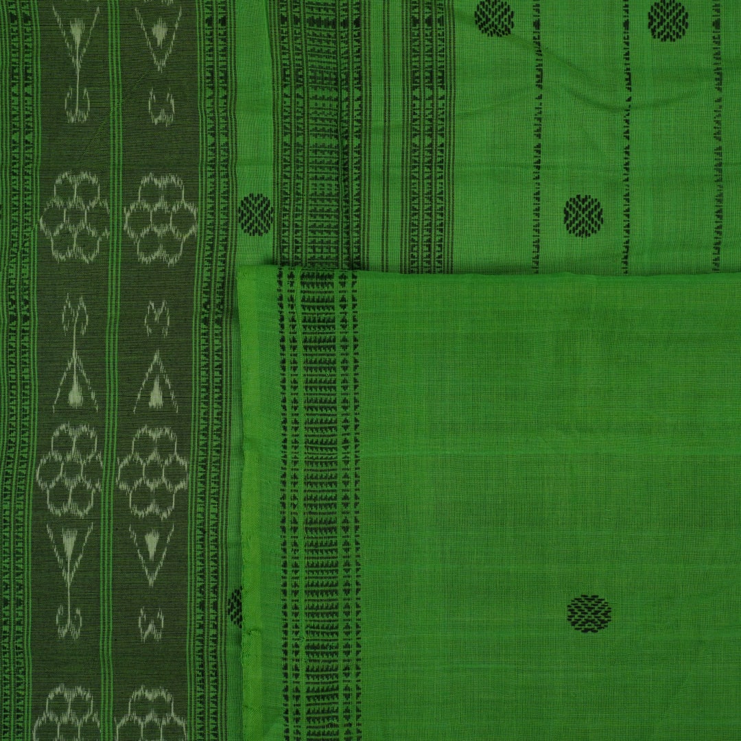 Full flat layout of a black Sambalpuri cotton saree with green butta patterns and an intricate ikat border.