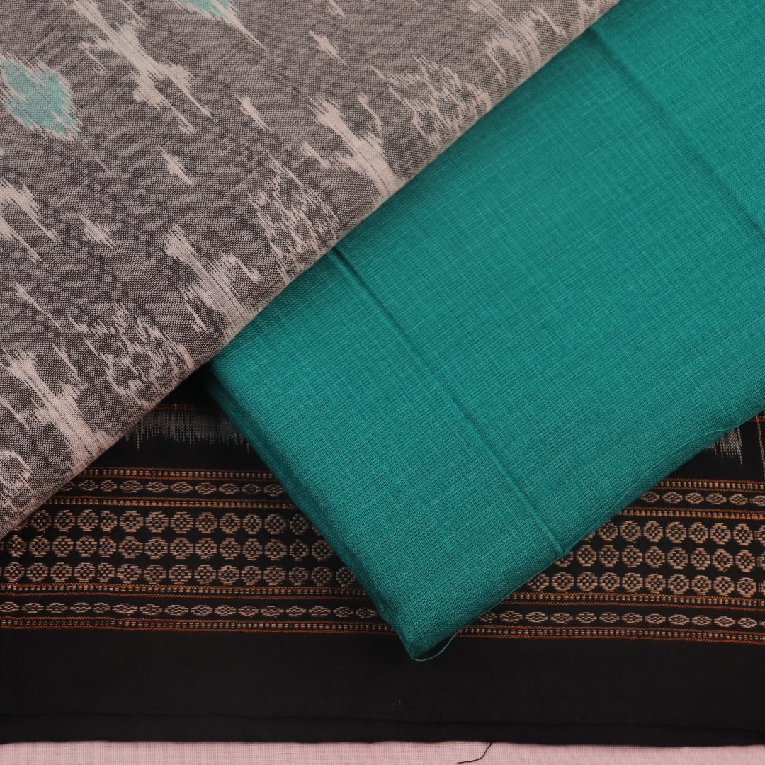 Sambalpuri cotton dress material blouse piece in grey with green motifs.
