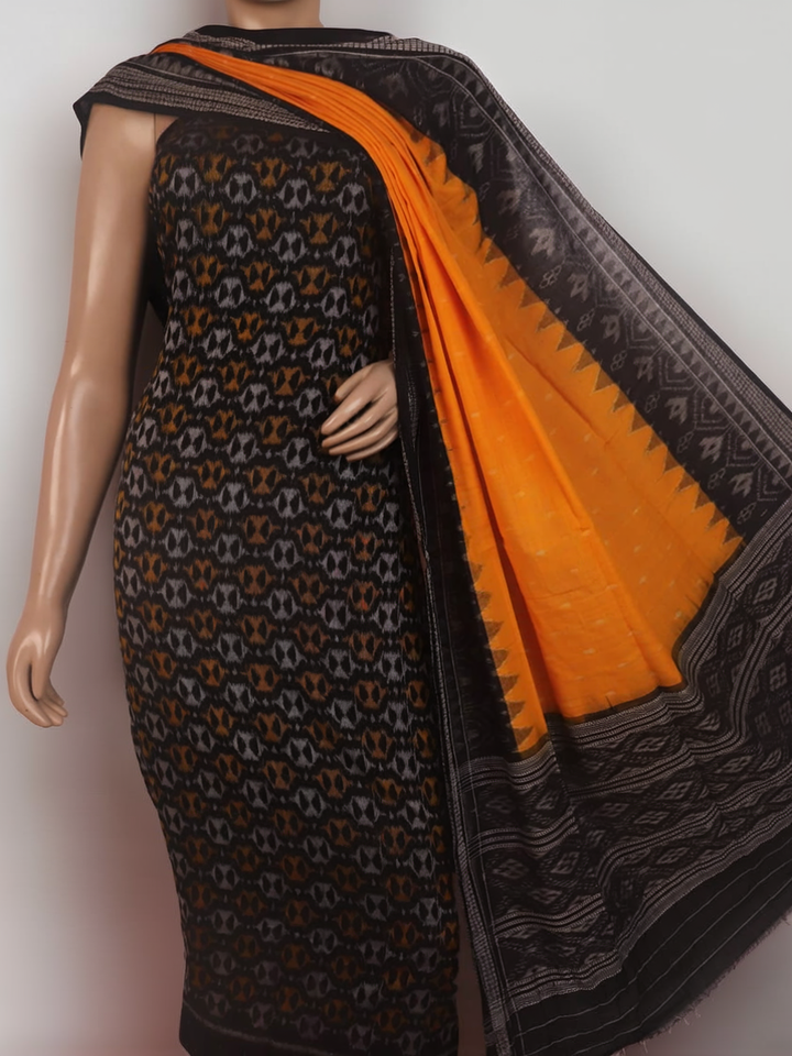 Detail of black and yellow Sambalpuri cotton dress material blouse piece with motifs.