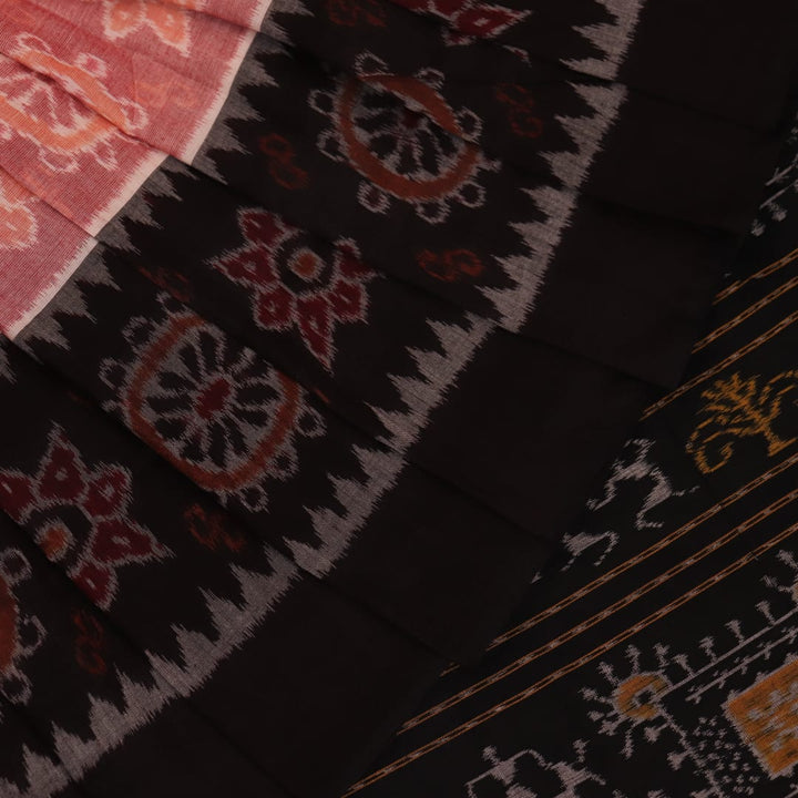 Full view of a peach-colored Sambalpuri cotton saree with black motifs.