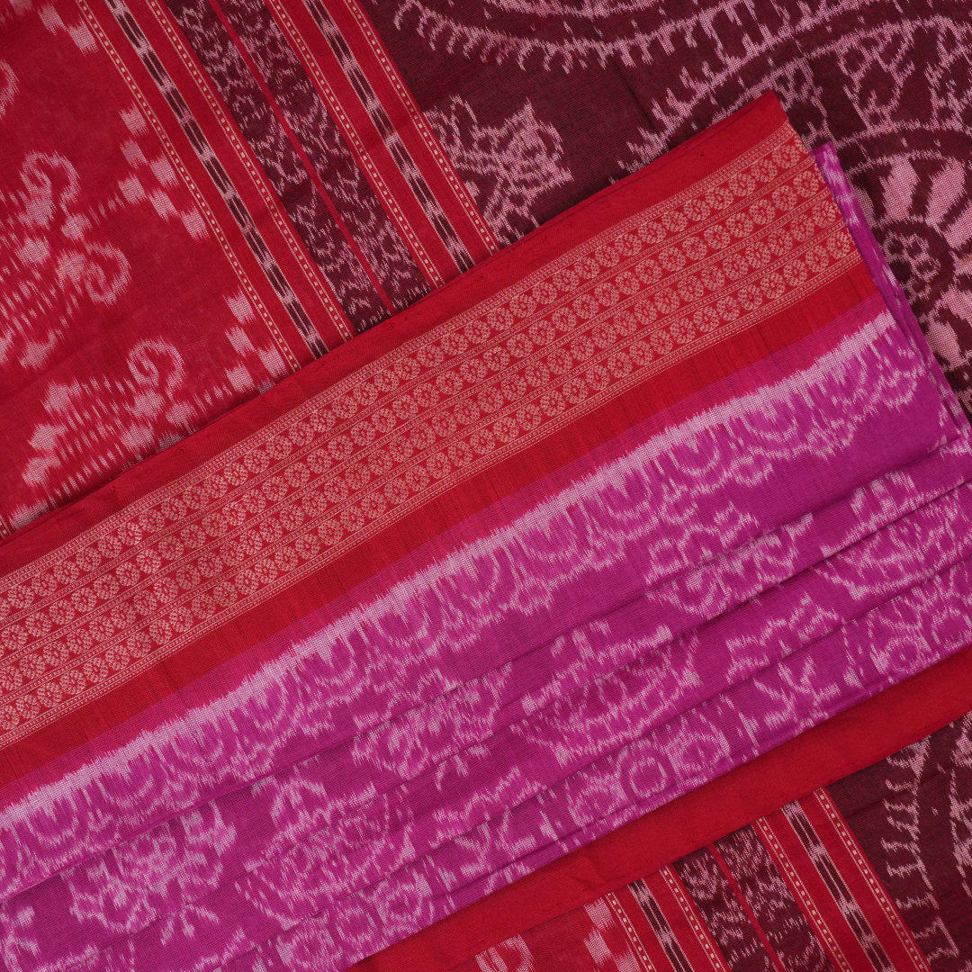 Full length view of the pink and red Sambalpuri cotton saree displaying the complete motif design.