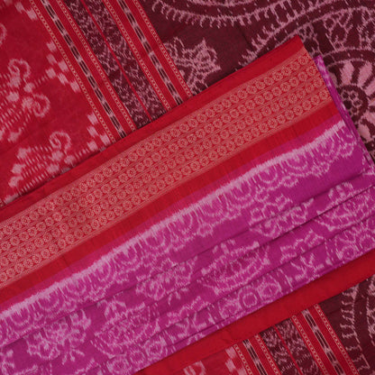 Full length view of the pink and red Sambalpuri cotton saree displaying the complete motif design.