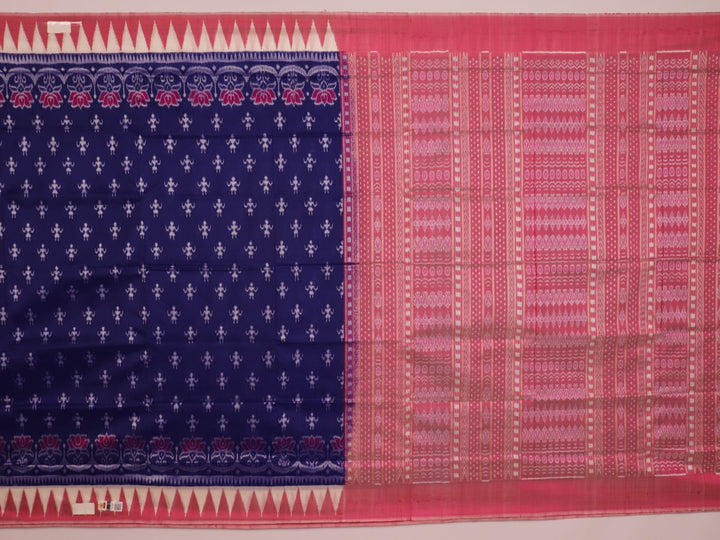 Close-up of soft, shimmering blue and peach silk fabric with intricate Sambalpuri motifs