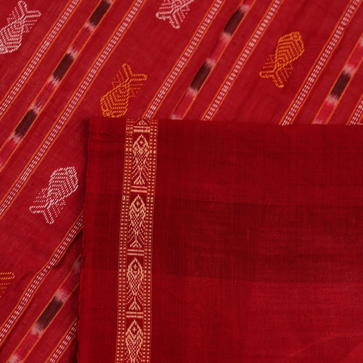 White cotton Bomkai saree with red butta pattern, full product view