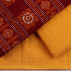 Maroon & yellow Bomkai cotton dress material: close-up of matching handloom blouse piece fabric.