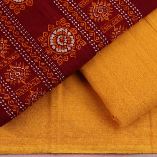 Maroon & yellow Bomkai cotton dress material: close-up of matching handloom blouse piece fabric.