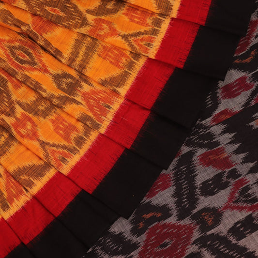 Yellow and black cotton Sambalpuri saree with motifs draped elegantly