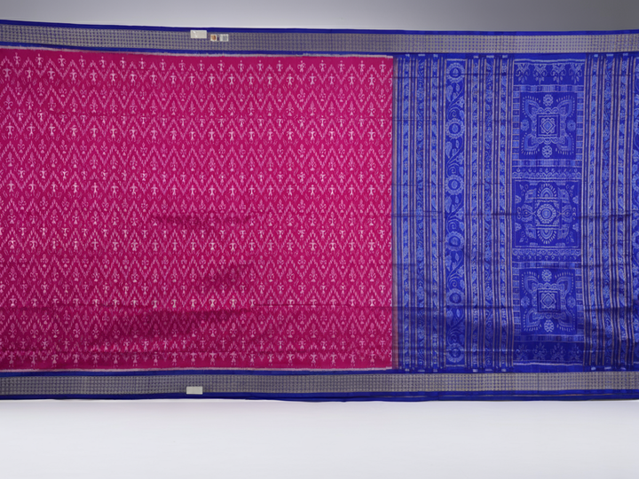 Close-up showing the luxurious handloom silk fabric texture and fine weave of the pink Sambalpuri saree.