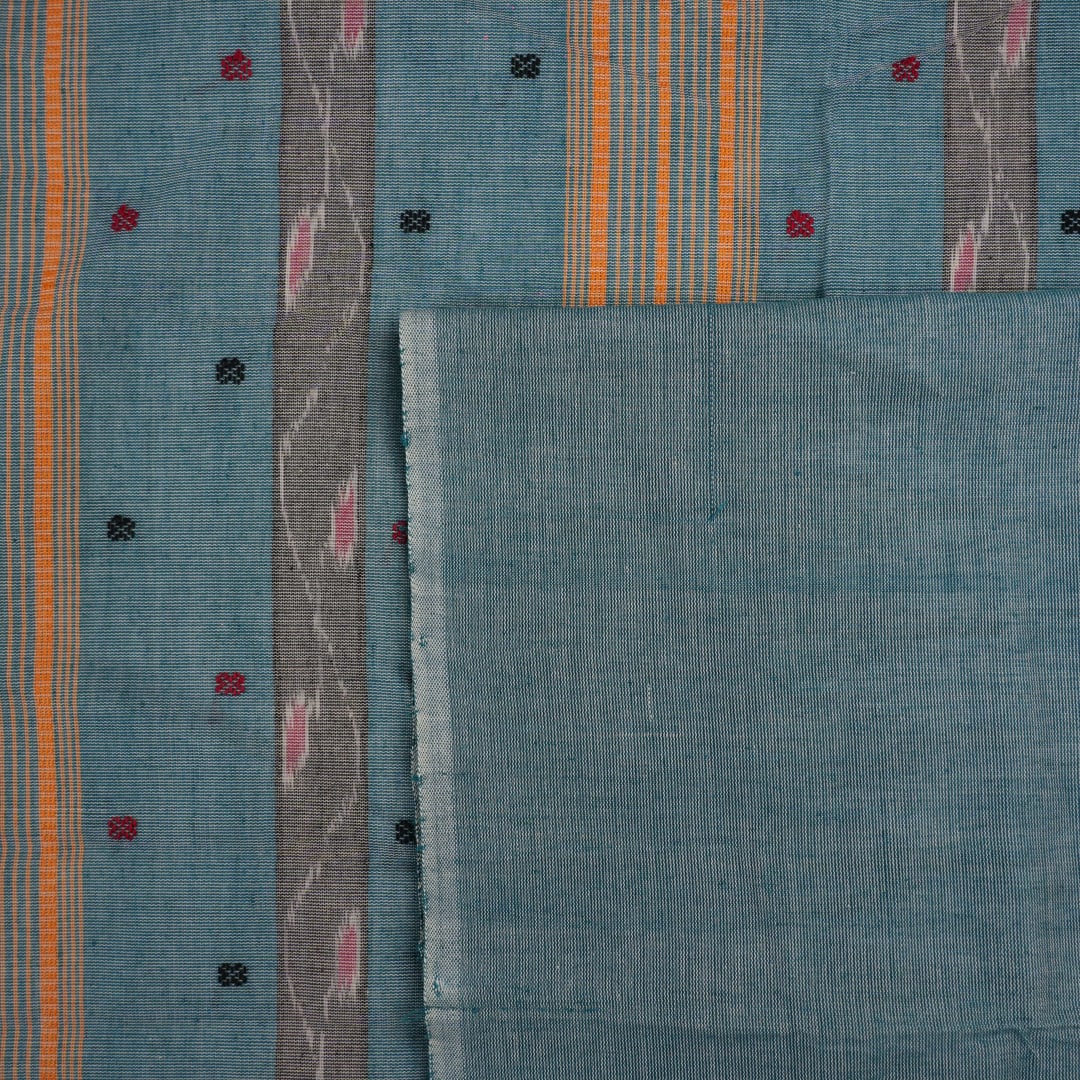 Full layout view of the blue and green Sambalpuri cotton saree showcasing the entire butta design