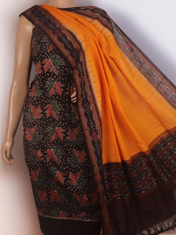Close-up of the brown and yellow Sambalpuri cotton dress material blouse piece, with motifs.