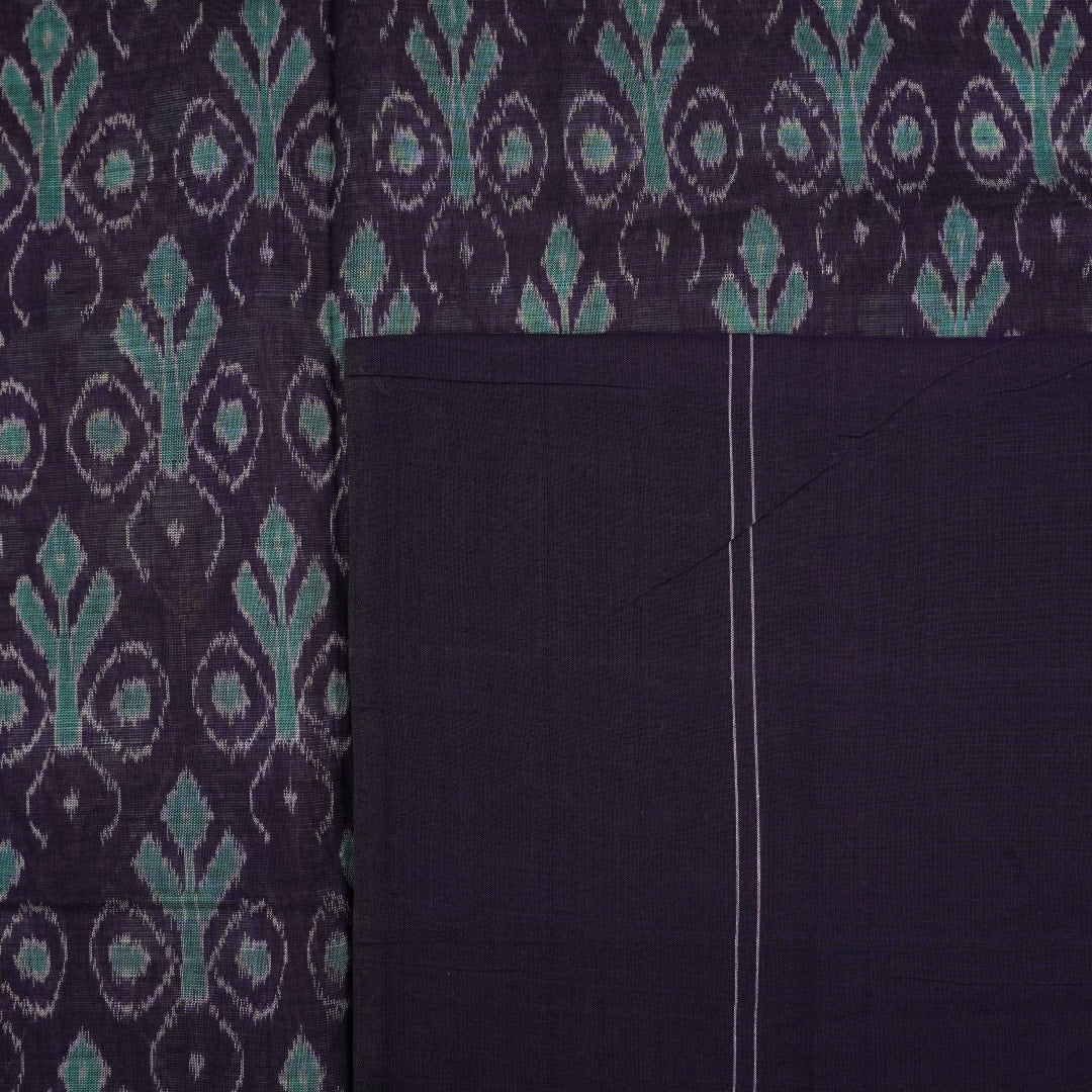 Full product layout of the grey and blue Sambalpuri cotton saree showing body motifs and pallu detail.