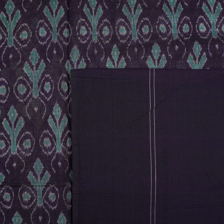 Full product layout of the grey and blue Sambalpuri cotton saree showing body motifs and pallu detail.