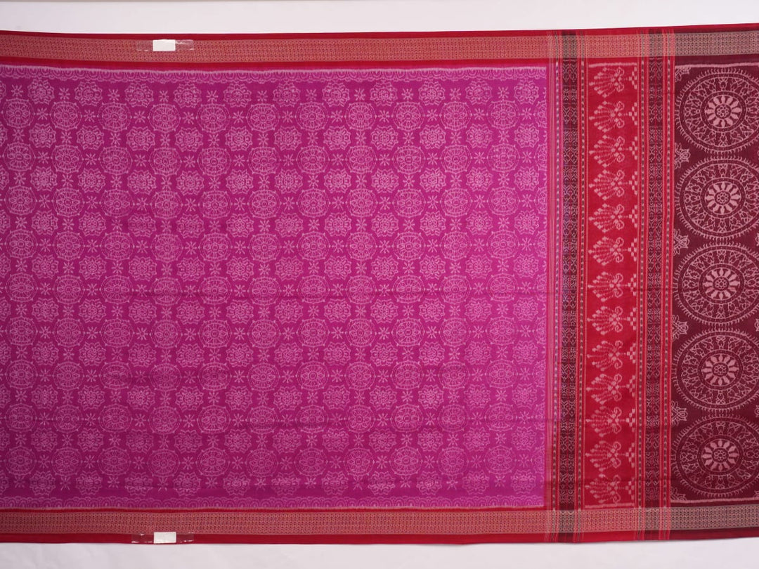 Full length view of the pink and red Sambalpuri cotton saree displaying the complete motif design.