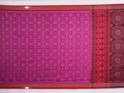 Full length view of the pink and red Sambalpuri cotton saree displaying the complete motif design.