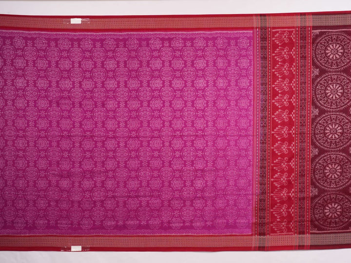 Full length view of the pink and red Sambalpuri cotton saree displaying the complete motif design.