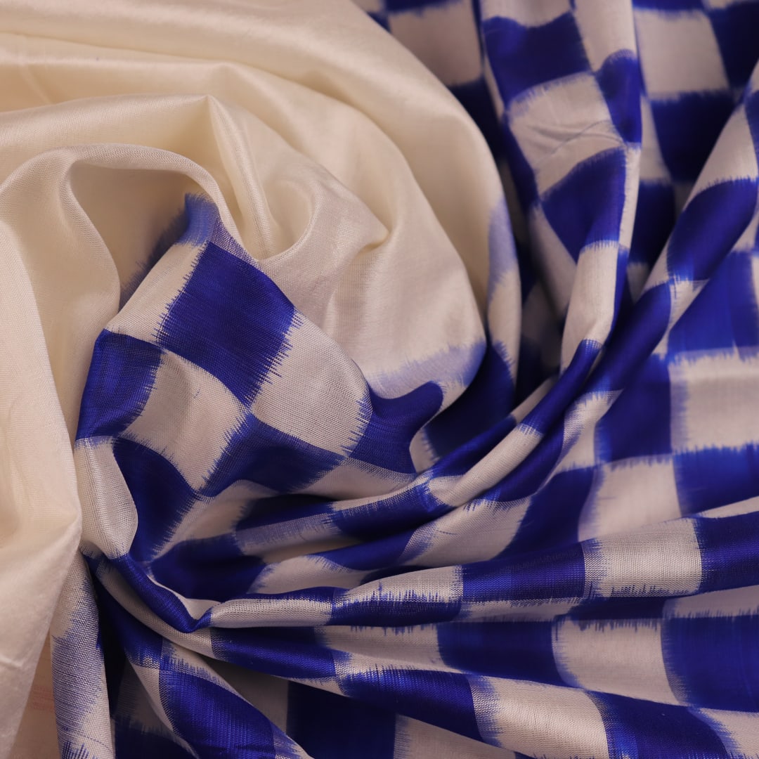 Close-up of the intricate Pasapalli pattern woven on a luxurious white silk Sambalpuri saree with blue accents.