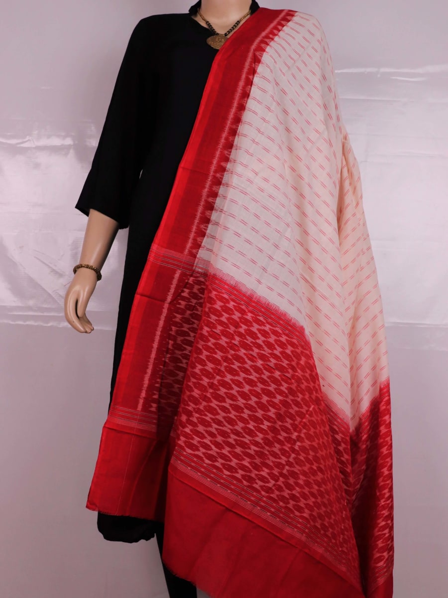 White and Red Sambalpuri Dupatta with Motifs Draped Gracefully