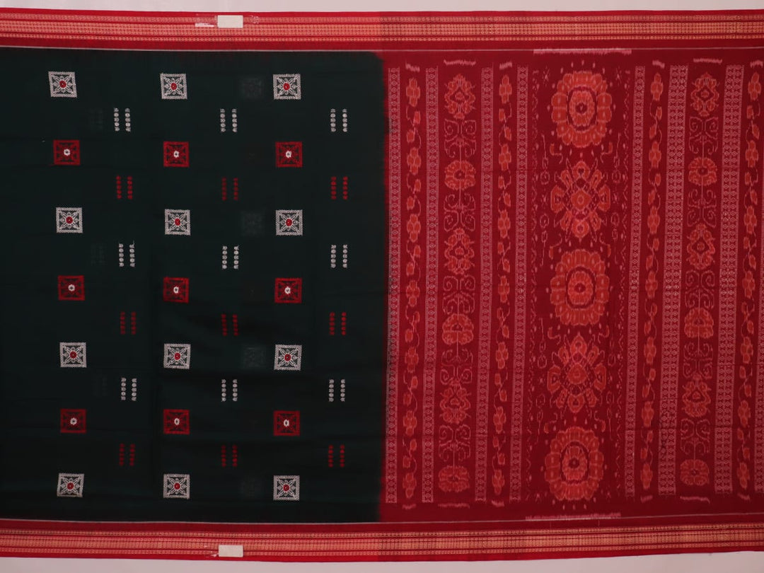 Full view of a green and red handloom Bomkai Cotton Saree with butta pattern.