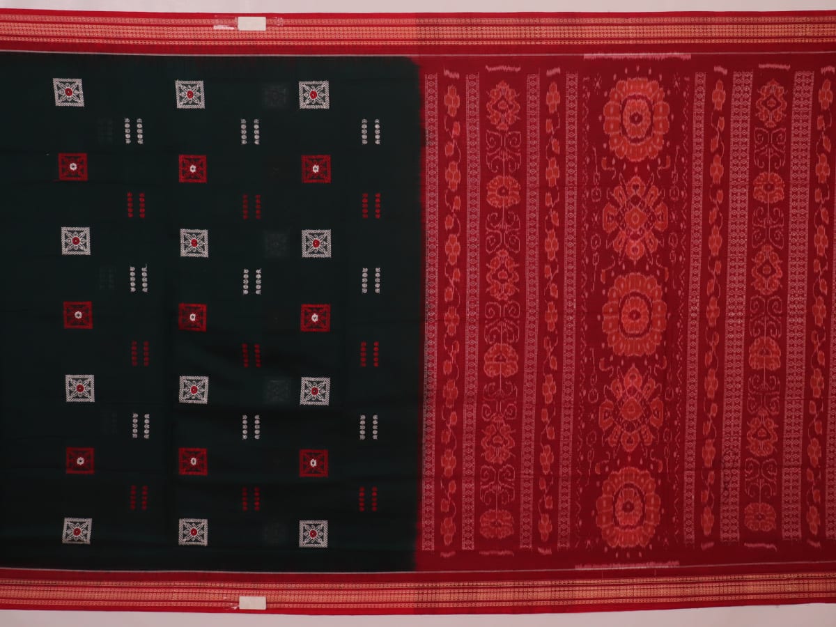 Full view of a green and red handloom Bomkai Cotton Saree with butta pattern.