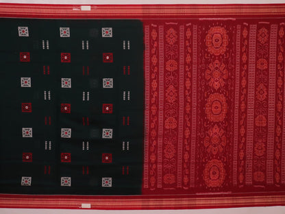 Full view of a green and red handloom Bomkai Cotton Saree with butta pattern.