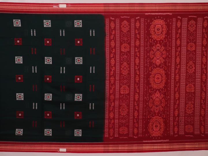 Full view of a green and red handloom Bomkai Cotton Saree with butta pattern.