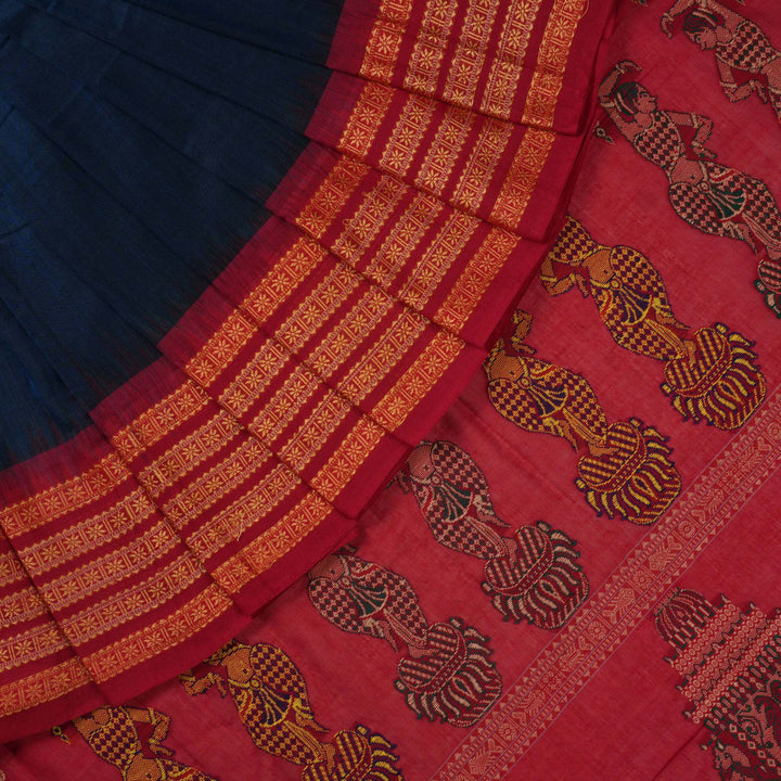 Full layout view of the blue Bomkai cotton saree with red borders and intricate handloom butta work.