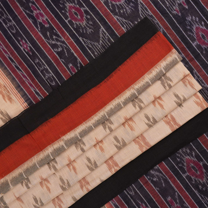 Full styling of a cream and black Sambalpuri cotton saree with traditional motifs on a model.