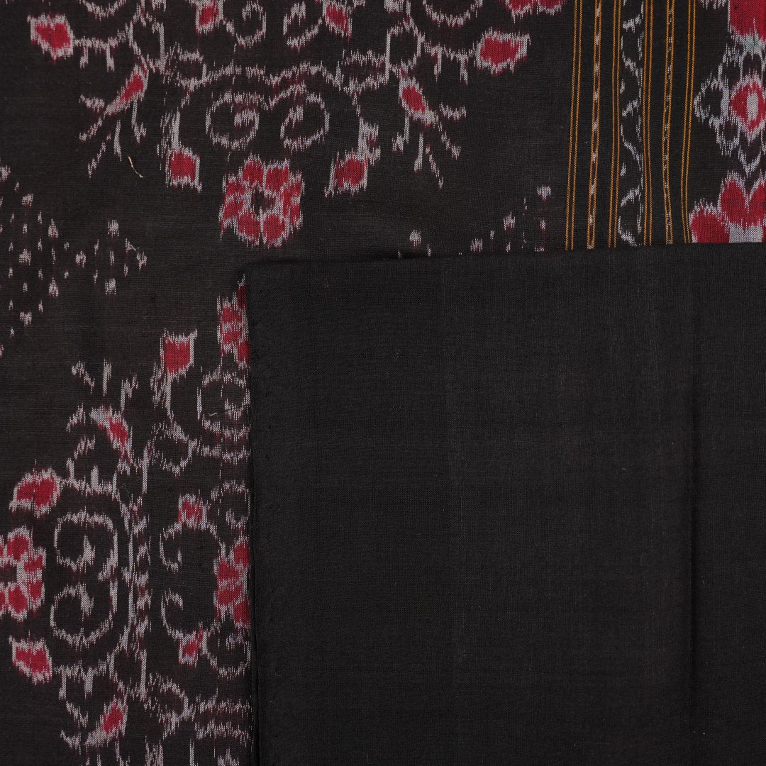 Full layout view of the blue and black Sambalpuri cotton saree displaying body patterns and border.